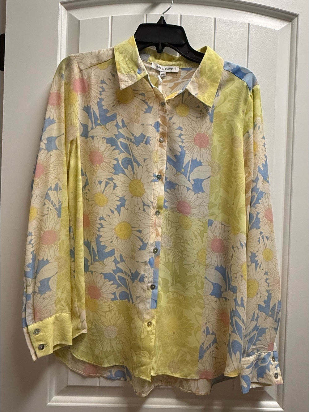 Rose + Olive Sz. L Yellow/Blue  Floral Patchwork Button-Up L/S Blouse New W Tags